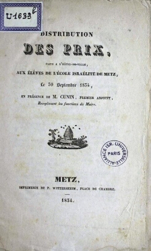 Distribution des prix faite aux élèves des écoles israélites de Metz, le 26 septembre 1825 ...